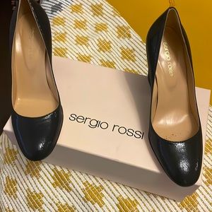 As good as new Sergio Rossi black shimmer Suede pumps with box, duffel bag